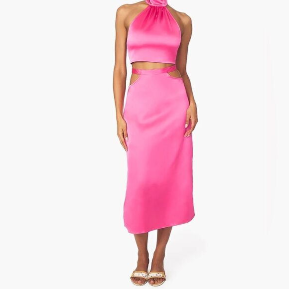 Weworewhat Cut Out Satin Charmeuse Midi Skirt - Hot Pink Size Small - Picture 2 of 4